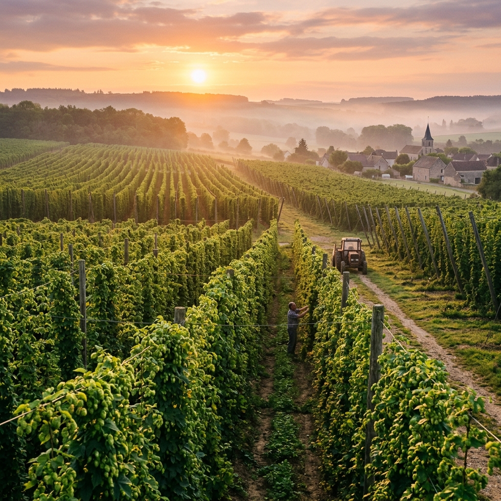 Champs de houblon au coucher du soleil
